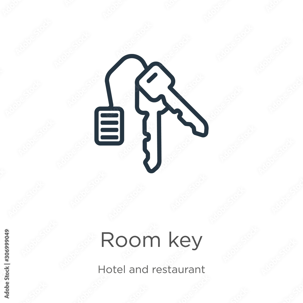 Room key icon. Thin linear room key outline icon isolated on white background from hotel collection. Line vector room key sign, symbol for web and mobile Room key icon. Thin linear room key outline icon isolated on white background from hotel collection. Line vector room key sign, symbol for web and mobile