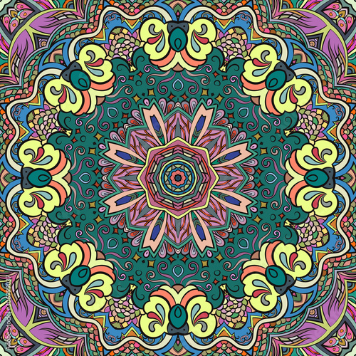 Seamless tracery tile mehndi design. Ethnic ornament, colorful doodle symmetry texture. Folk traditional spiritual tribal design. Curved doodling motif. Color art. Vector