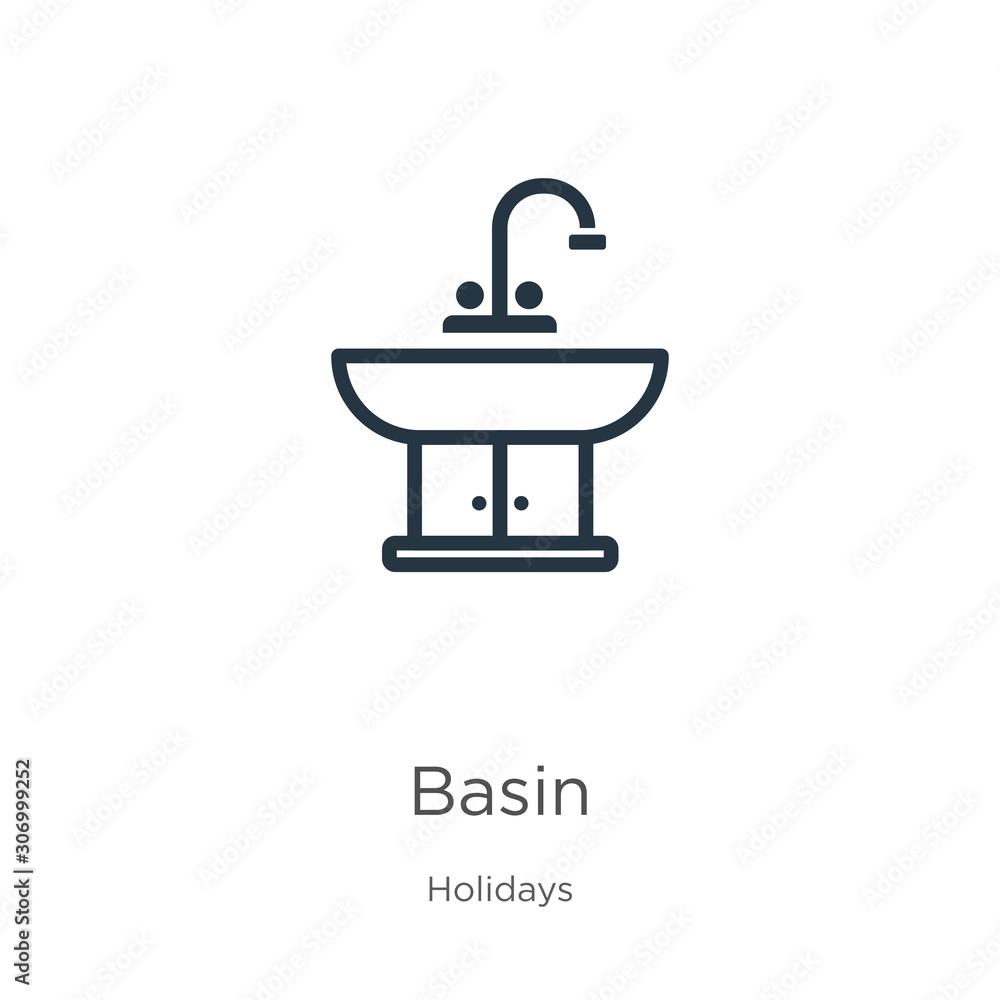 Basin icon. Thin linear basin outline icon isolated on white background from holidays collection. Line vector basin sign, symbol for web and mobile Basin icon. Thin linear basin outline icon isolated on white background from holidays collection. Line vector basin sign, symbol for web and mobile