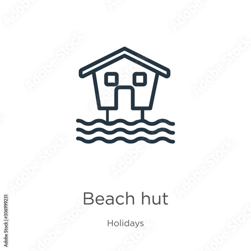 Beach hut icon. Thin linear beach hut outline icon isolated on white background from holidays collection. Line vector beach hut sign, symbol for web and mobile