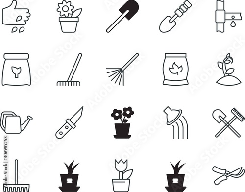 gardening vector icon set such as: utensil, generated, seeding, trimming, closeup, pruning, lifestyle, iron, pitchfork, fork, sprinkle, secateurs, sprayer, image, snow, interface, help, knife, emblem