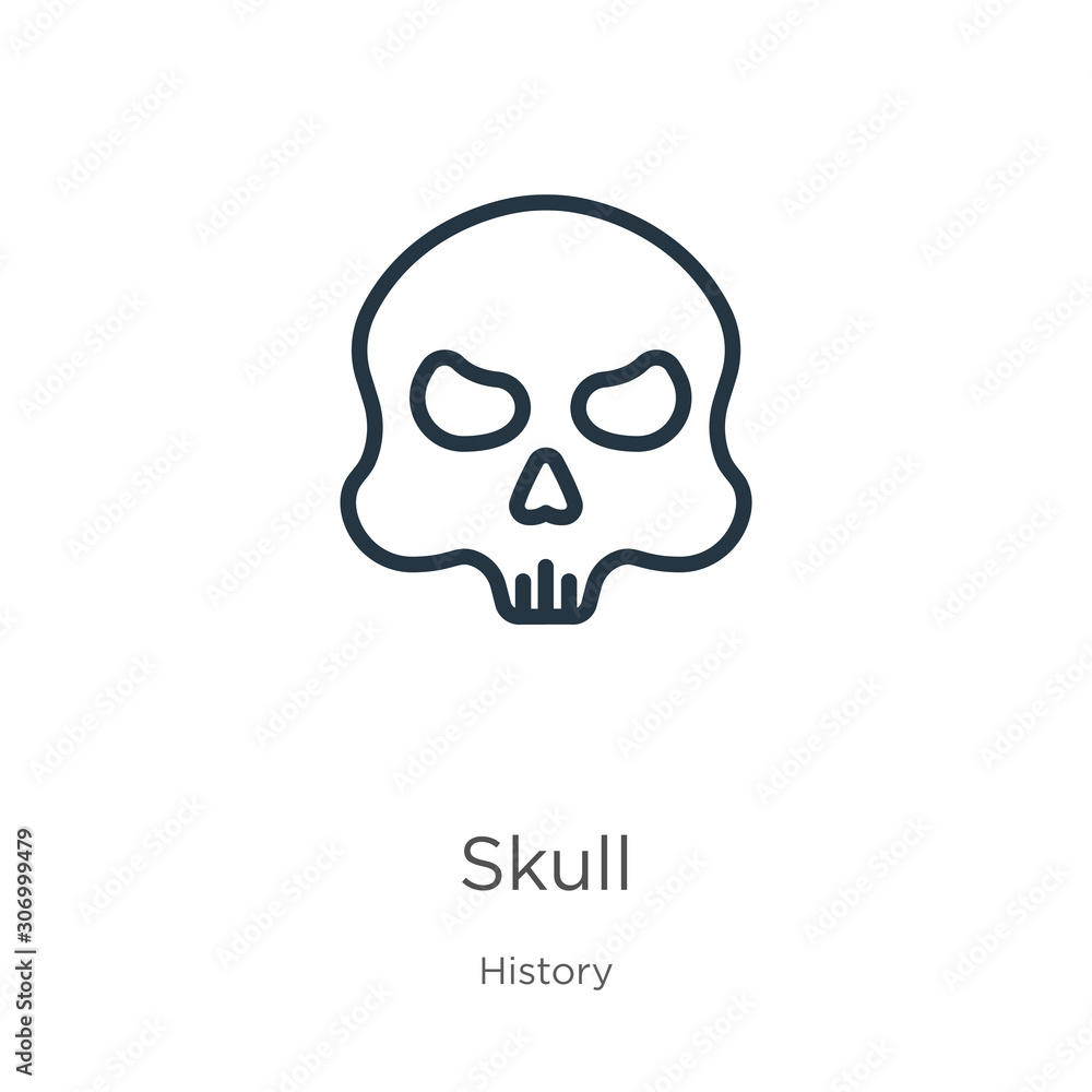Skull icon. Thin linear skull outline icon isolated on white background from history collection. Line vector skull sign, symbol for web and mobile