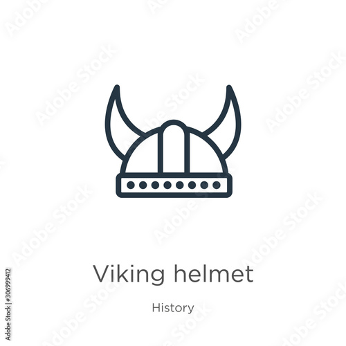 Viking helmet icon. Thin linear viking helmet outline icon isolated on white background from history collection. Line vector viking helmet sign, symbol for web and mobile