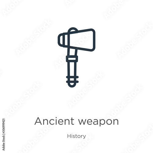 Ancient weapon icon. Thin linear ancient weapon outline icon isolated on white background from history collection. Line vector ancient weapon sign  symbol for web and mobile