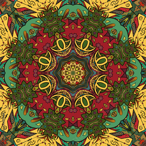 Seamless tracery tile mehndi design. Ethnic ornament, colorful doodle symmetry texture. Folk traditional spiritual tribal design. Curved doodling motif. Color art. Vector