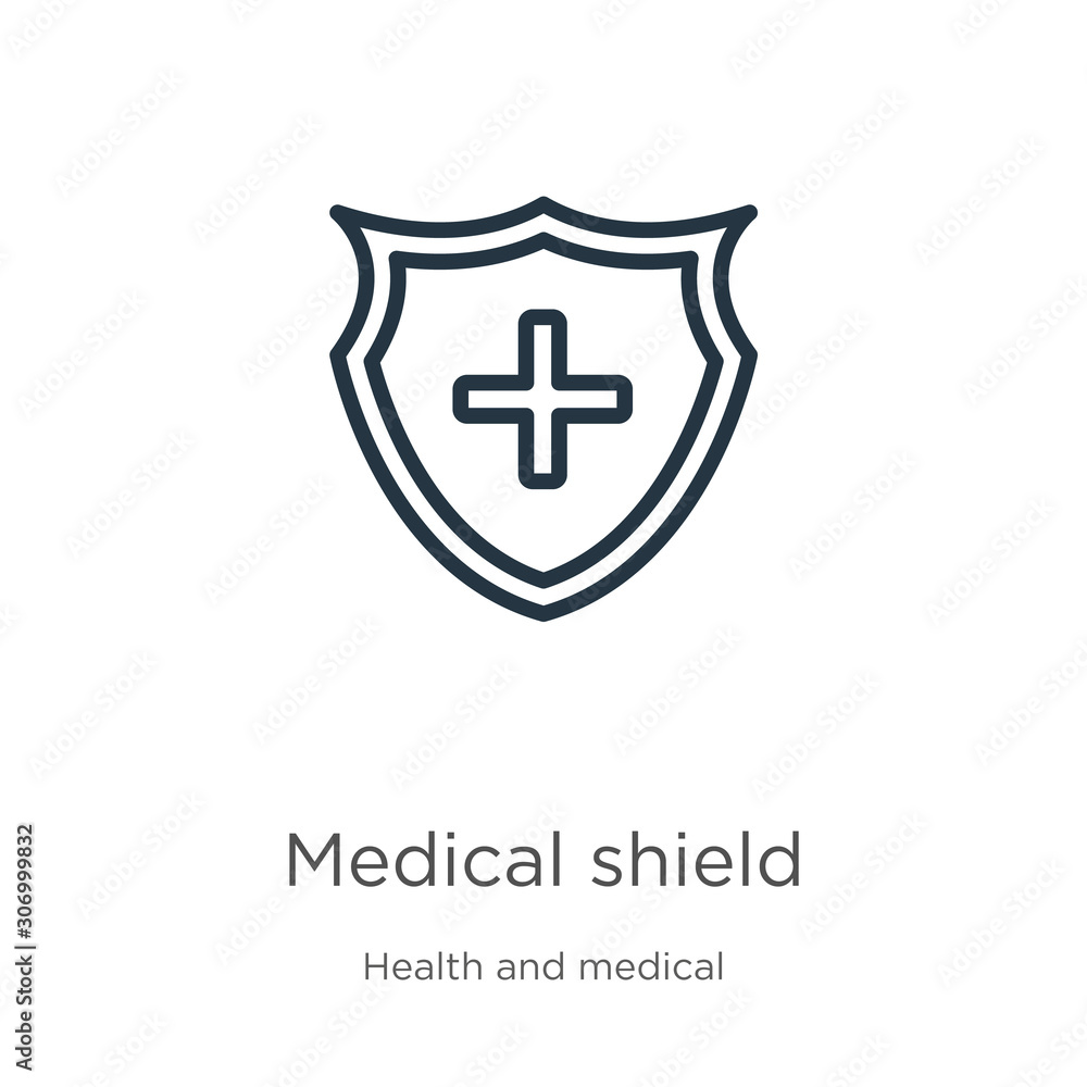 Medical shield icon. Thin linear medical shield outline icon isolated on white background from health and medical collection. Line vector medical shield sign, symbol for web and mobile Medical shield icon. Thin linear medical shield outline icon isolated on white background from health and medical collection. Line vector medical shield sign, symbol for web and mobile
