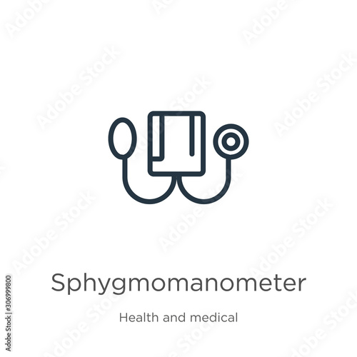 Sphygmomanometer icon. Thin linear sphygmomanometer outline icon isolated on white background from health and medical collection. Line vector sphygmomanometer sign, symbol for web and mobile