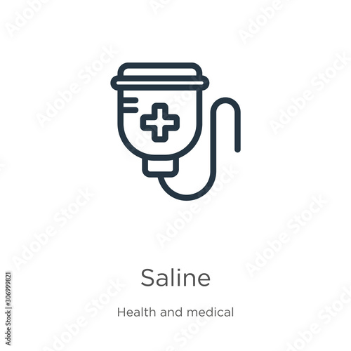 Saline icon. Thin linear saline outline icon isolated on white background from health and medical collection. Line vector saline sign, symbol for web and mobile