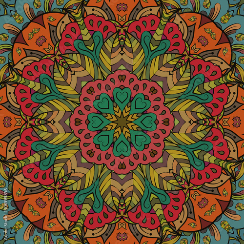 Seamless tracery tile mehndi design. Ethnic ornament, colorful doodle symmetry texture. Folk traditional spiritual tribal design. Curved doodling motif. Color art. Vector
