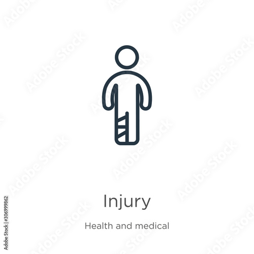 Injury icon. Thin linear injury outline icon isolated on white background from health and medical collection. Line vector injury sign, symbol for web and mobile