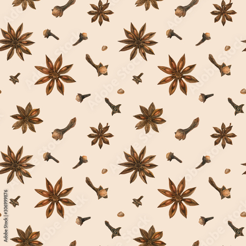 Star anise and clove spices seamless pattern © Xenia Snowstorm