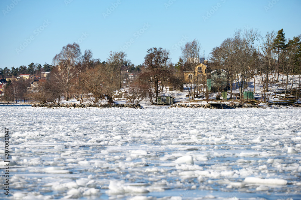 winter landscape with river and trees, sweden, stockholm, europe, nacka