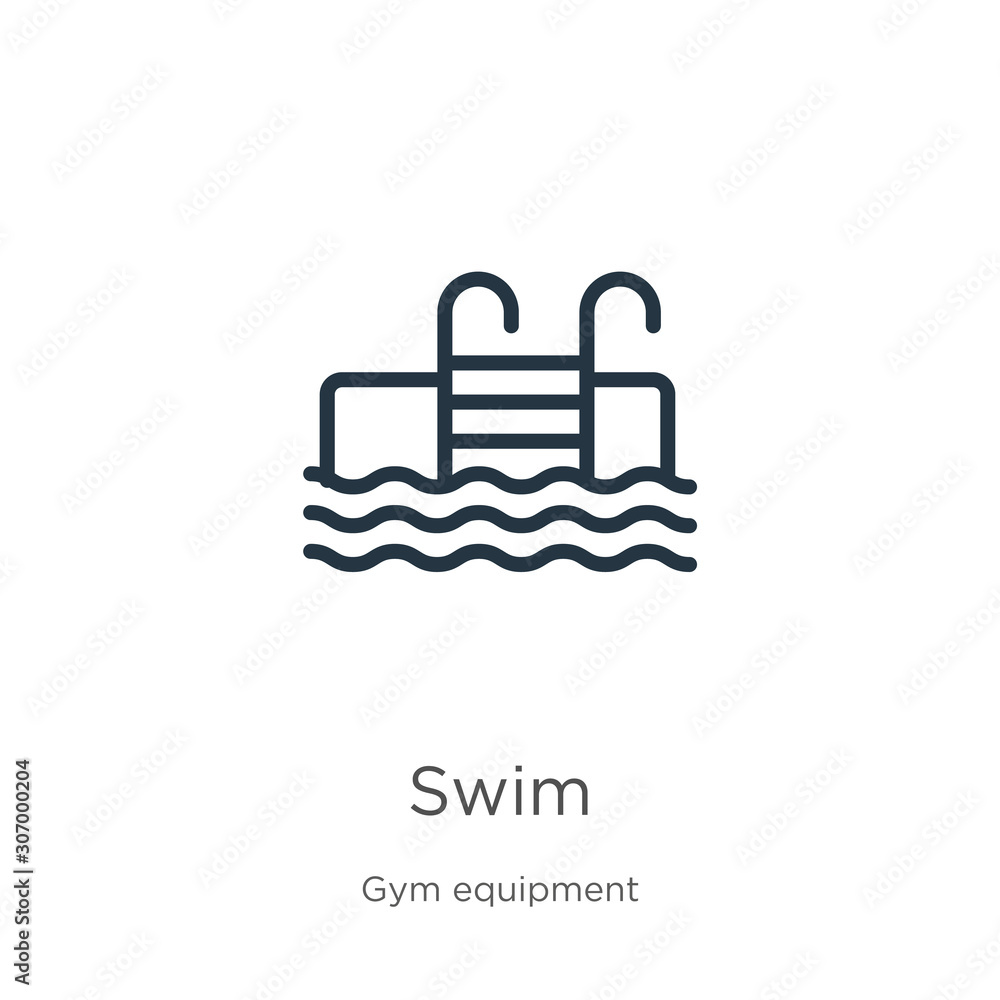 Swim icon. Thin linear swim outline icon isolated on white background from gym and fitness collection. Line vector swim sign, symbol for web and mobile Swim icon. Thin linear swim outline icon isolated on white background from gym and fitness collection. Line vector swim sign, symbol for web and mobile