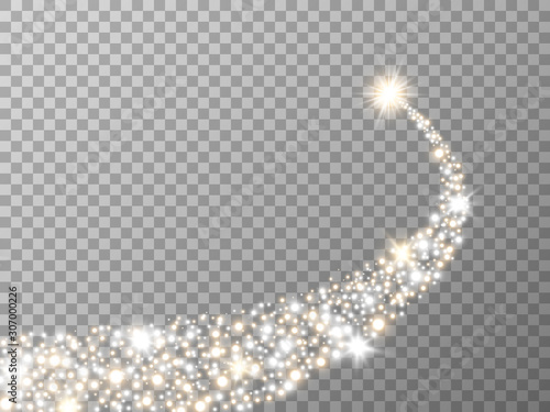 Glittering star on transparent backdrop. Gold and silver particles. Sparkling comet with stardust. Bright tail concept. Luxury design for advertising, poster, banner. Vector illustration