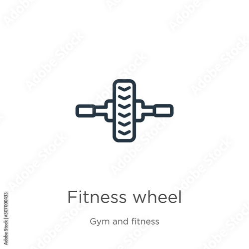 Fitness wheel icon. Thin linear fitness wheel outline icon isolated on white background from gym and fitness collection. Line vector fitness wheel sign  symbol for web and mobile