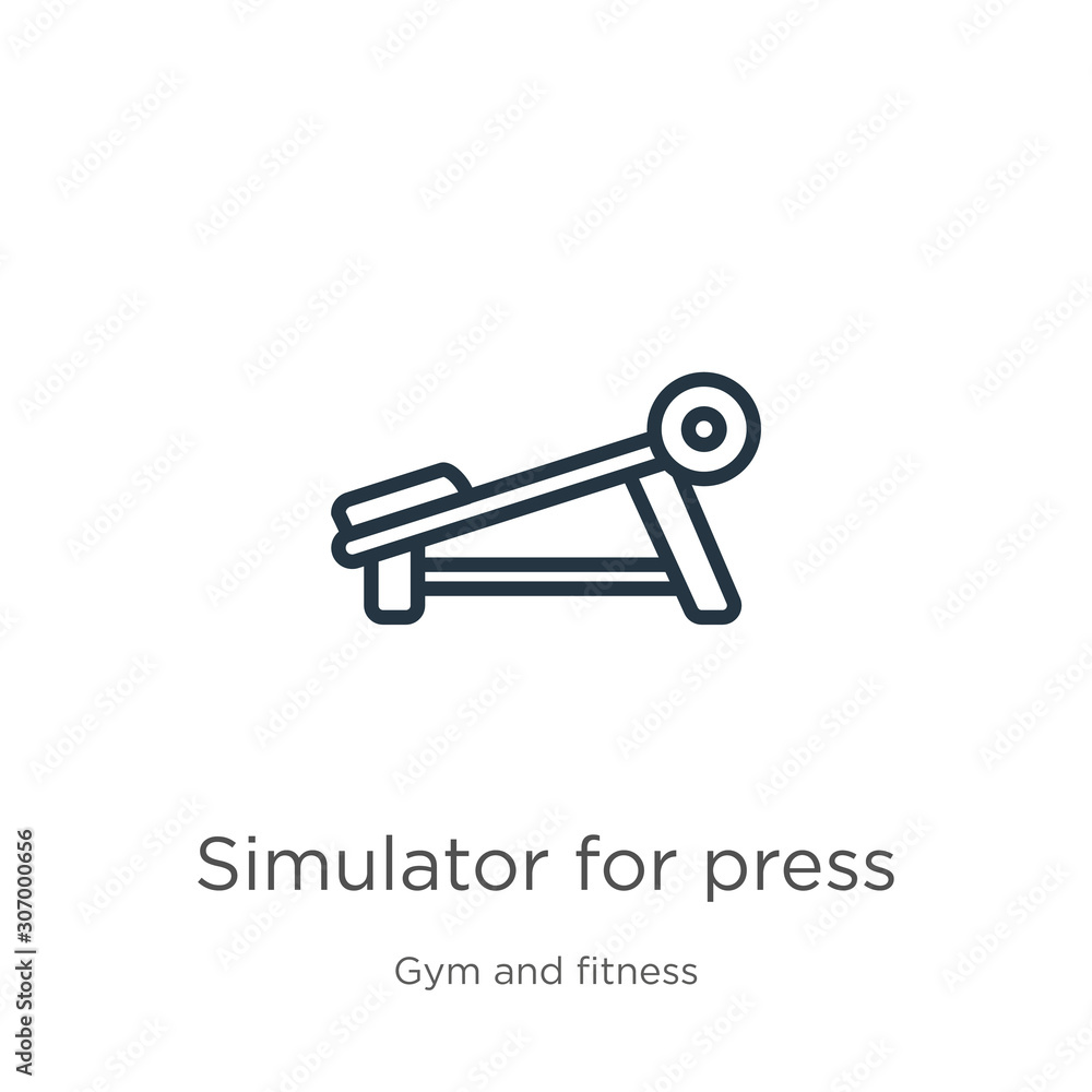 Simulator for press icon. Thin linear simulator for press outline icon isolated on white background from gym and fitness collection. Line vector simulator for press sign, symbol for web and mobile Simulator for press icon. Thin linear simulator for press outline icon isolated on white background from gym and fitness collection. Line vector simulator for press sign, symbol for web and mobile