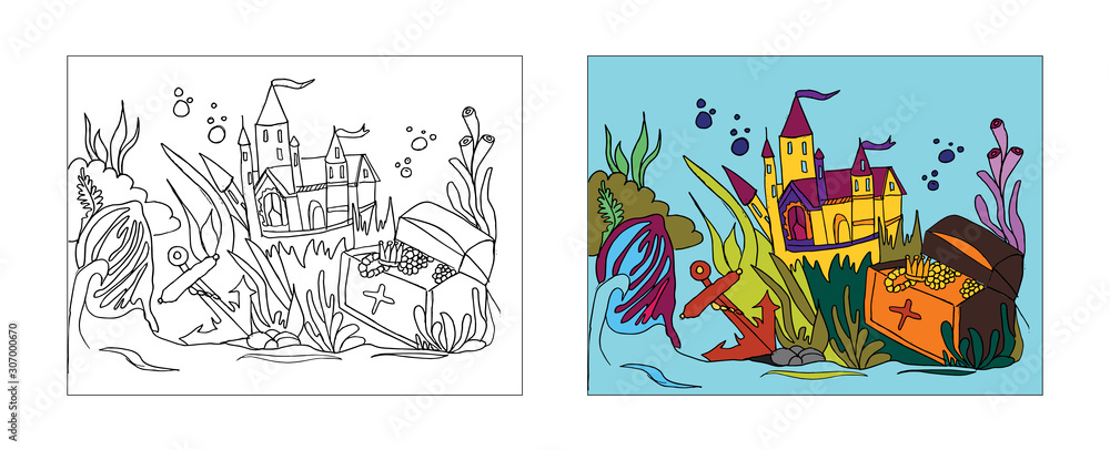 Underwater city tale coloring book design with monochrome and colored versions. Freehand sketch for adult anti stress coloring book page with doodle elements. Vector Illustrations for kids book.