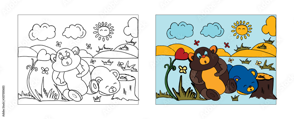 Baby Bears coloring book design with monochrome and colored versions. Freehand sketch for adult anti stress coloring book page with doodle elements. Vector Illustrations for kids book. Baby Bears coloring book design with monochrome and colored versions. Freehand sketch for adult anti stress coloring book page with doodle elements. Vector Illustrations for kids book.