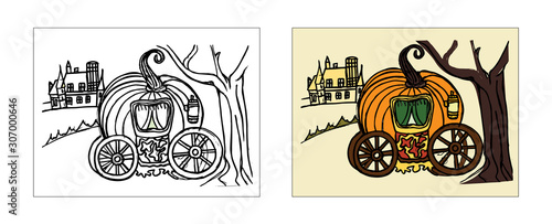 Tale Pumpkin Cart coloring book design with monochrome and colored versions. Freehand sketch for adult anti stress coloring book page with doodle elements. Vector Illustrations for kids book.