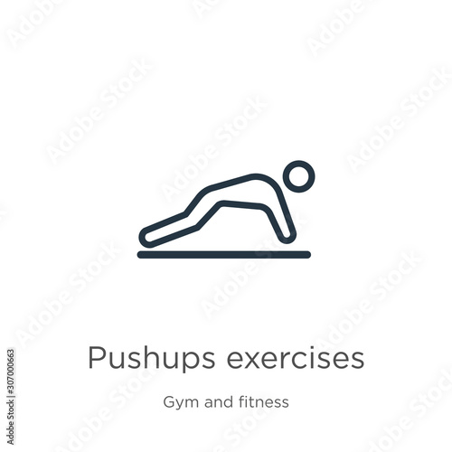 Pushups exercises icon. Thin linear pushups exercises outline icon isolated on white background from gym and fitness collection. Line vector pushups exercises sign, symbol for web and mobile