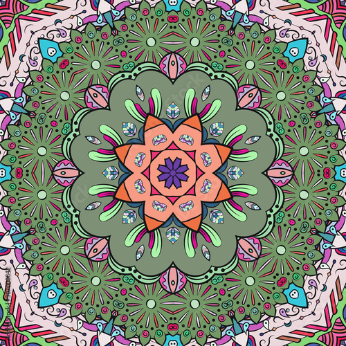 Seamless tracery tile mehndi design. Ethnic ornament, colorful doodle symmetry texture. Folk traditional spiritual tribal design. Curved doodling motif. Color art. Vector