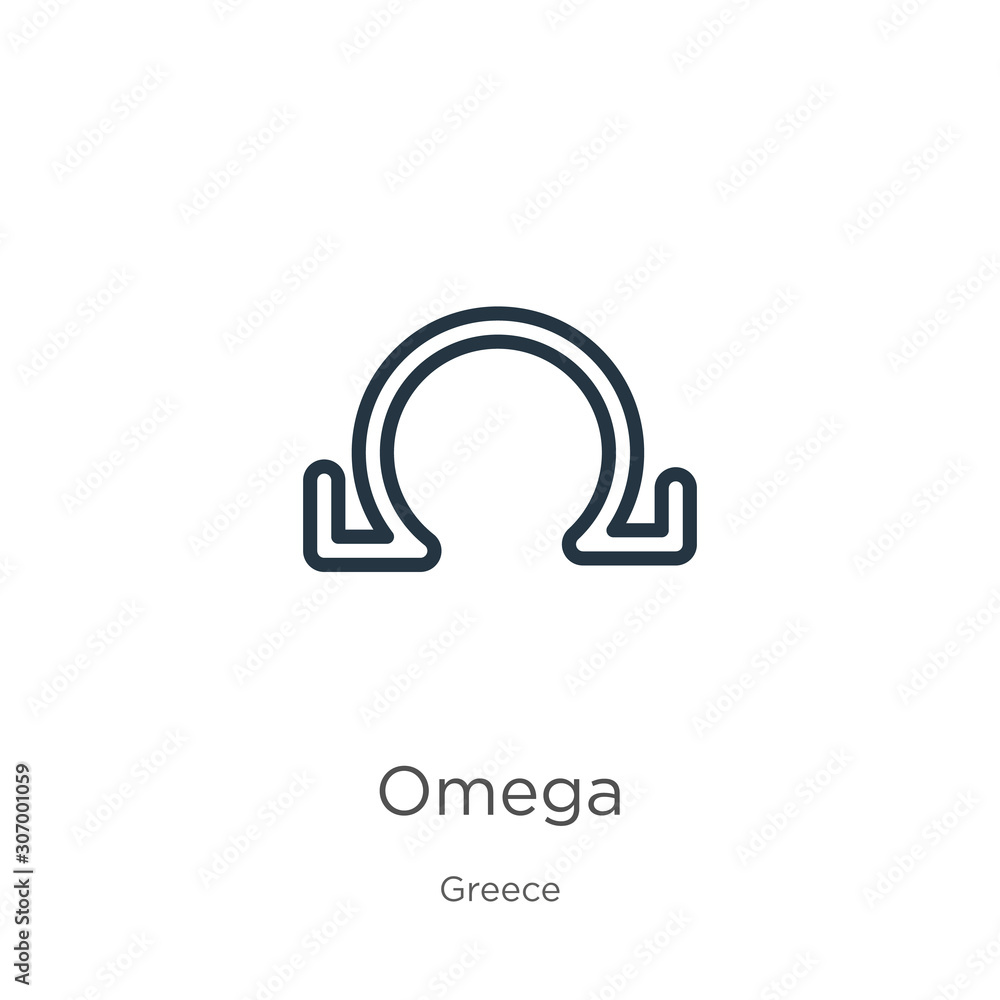 Omega icon. Thin linear omega outline icon isolated on white background from greece collection. Line vector omega sign, symbol for web and mobile Omega icon. Thin linear omega outline icon isolated on white background from greece collection. Line vector omega sign, symbol for web and mobile