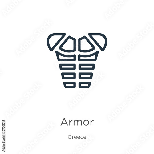 Armor icon. Thin linear armor outline icon isolated on white background from greece collection. Line vector armor sign, symbol for web and mobile