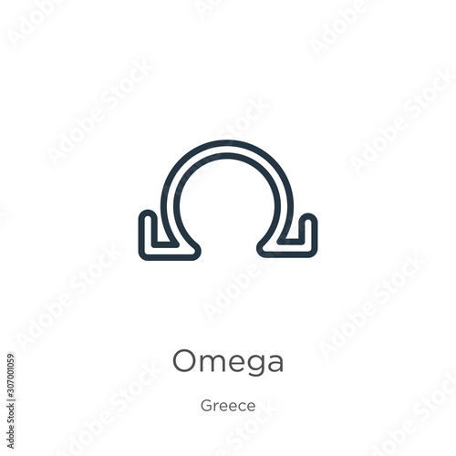 Omega icon. Thin linear omega outline icon isolated on white background from greece collection. Line vector omega sign, symbol for web and mobile