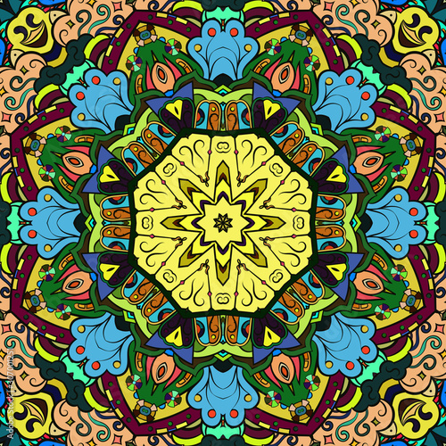 Seamless tracery tile mehndi design. Ethnic ornament, colorful doodle symmetry texture. Folk traditional spiritual tribal design. Curved doodling motif. Color art. Vector