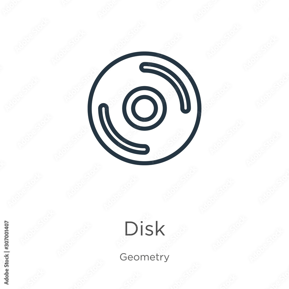 Disk icon. Thin linear disk outline icon isolated on white background from geometry collection. Line vector disk sign, symbol for web and mobile