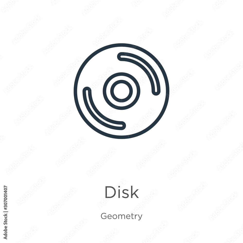 Disk icon. Thin linear disk outline icon isolated on white background from geometry collection. Line vector disk sign, symbol for web and mobile Disk icon. Thin linear disk outline icon isolated on white background from geometry collection. Line vector disk sign, symbol for web and mobile
