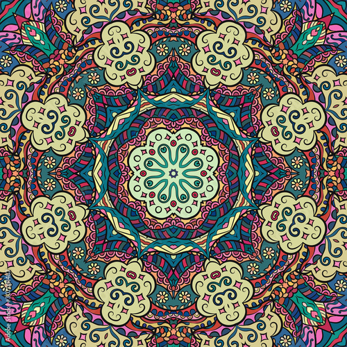 Seamless tracery tile mehndi design. Ethnic ornament, colorful doodle symmetry texture. Folk traditional spiritual tribal design. Curved doodling motif. Color art. Vector