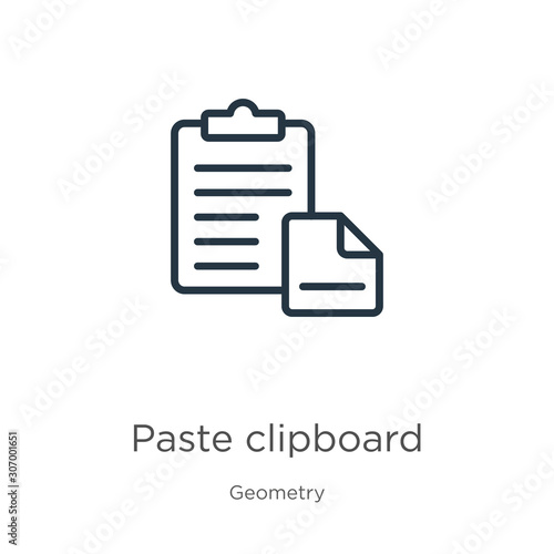 Paste clipboard icon. Thin linear paste clipboard outline icon isolated on white background from geometry collection. Line vector paste clipboard sign, symbol for web and mobile © Premium Art