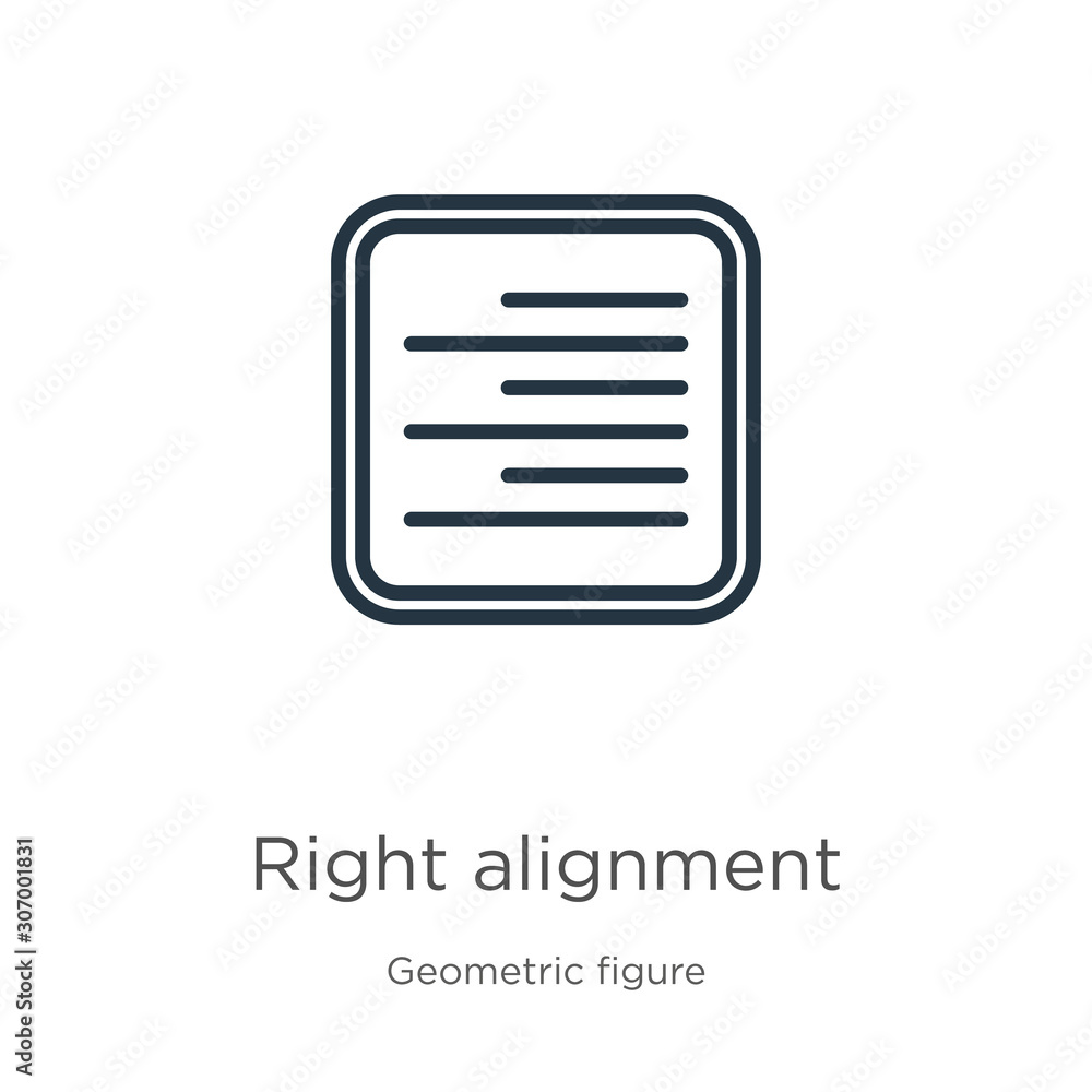 Right alignment icon. Thin linear right alignment outline icon isolated on white background from geometric figure collection. Line vector right alignment sign, symbol for web and mobile Right alignment icon. Thin linear right alignment outline icon isolated on white background from geometric figure collection. Line vector right alignment sign, symbol for web and mobile