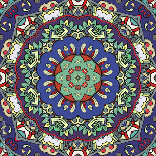 Seamless tracery tile mehndi design. Ethnic ornament, colorful doodle symmetry texture. Folk traditional spiritual tribal design. Curved doodling motif. Color art. Vector