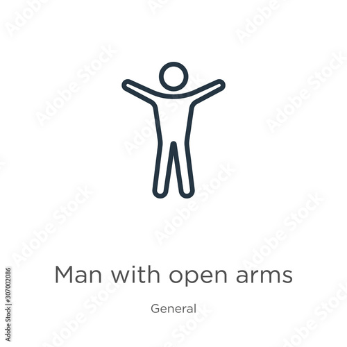 Man with open arms icon. Thin linear man with open arms outline icon isolated on white background from general collection. Line vector man with open arms sign, symbol for web and mobile
