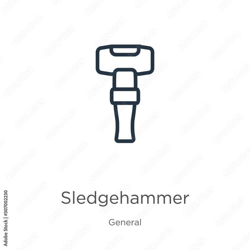 Sledgehammer icon. Thin linear sledgehammer outline icon isolated on white background from general collection. Line vector sledgehammer sign, symbol for web and mobile Sledgehammer icon. Thin linear sledgehammer outline icon isolated on white background from general collection. Line vector sledgehammer sign, symbol for web and mobile
