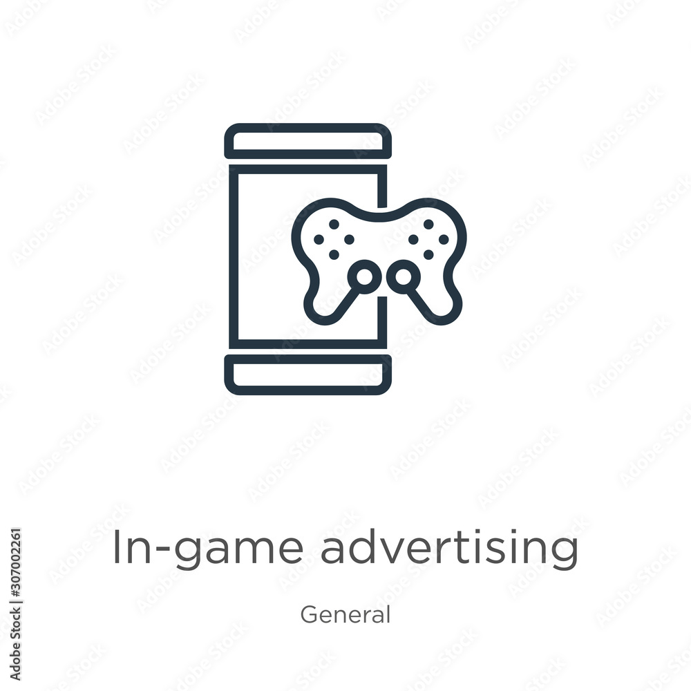 In-game advertising icon. Thin linear in-game advertising outline icon isolated on white background from general collection. Line vector in-game advertising sign, symbol for web and mobile In-game advertising icon. Thin linear in-game advertising outline icon isolated on white background from general collection. Line vector in-game advertising sign, symbol for web and mobile