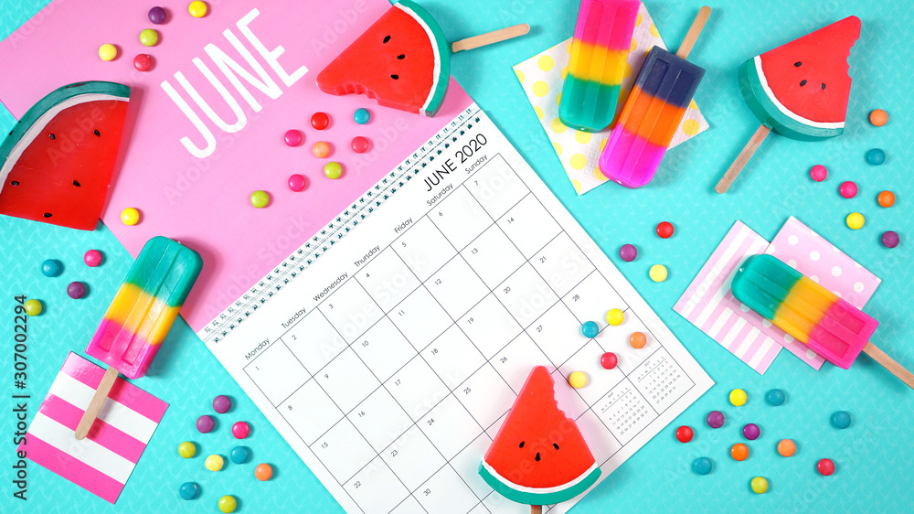 On-trend 2020 calendar page for the month of June modern flat lay with seasonal food, candy and colorful decorations in popular pastel colors. One of a series for 12 months of the year. - obrazy, fototapety, plakaty 