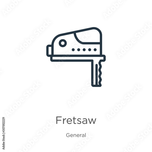 Fretsaw icon. Thin linear fretsaw outline icon isolated on white background from general collection. Line vector fretsaw sign, symbol for web and mobile