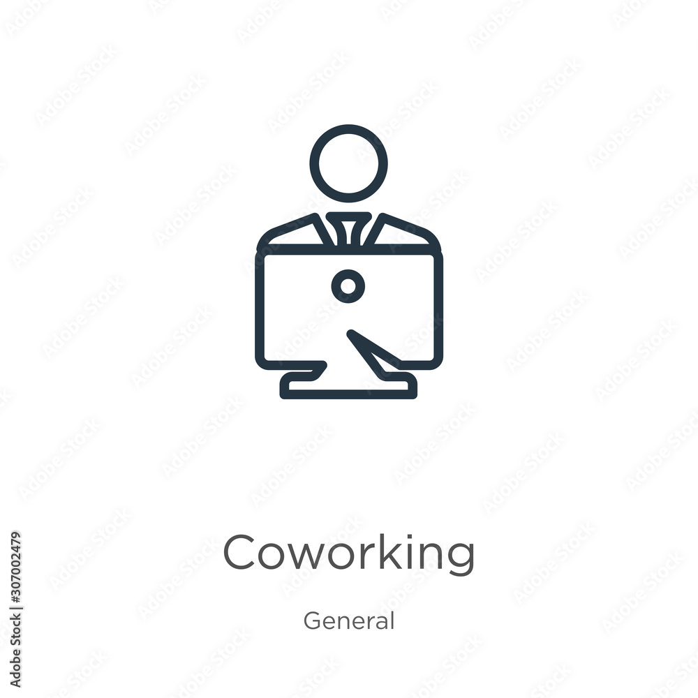 Coworking icon. Thin linear coworking outline icon isolated on white background from general collection. Line vector coworking sign, symbol for web and mobile Coworking icon. Thin linear coworking outline icon isolated on white background from general collection. Line vector coworking sign, symbol for web and mobile