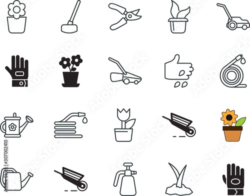 gardening vector icon set such as: hoe, trimmer, universal, pesticide, prune, knapsack, shovel, sprayer, dirt, trimming, lopping, biology, instrument, cultivation, compressor, shadow, pruning, cut