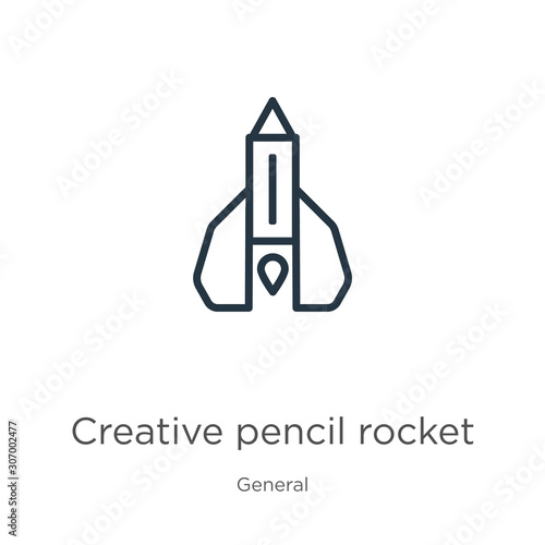 Creative pencil rocket icon. Thin linear creative pencil rocket outline icon isolated on white background from general collection. Line vector creative pencil rocket sign, symbol for web and mobile