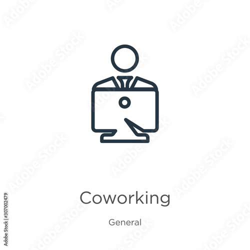 Coworking icon. Thin linear coworking outline icon isolated on white background from general collection. Line vector coworking sign, symbol for web and mobile