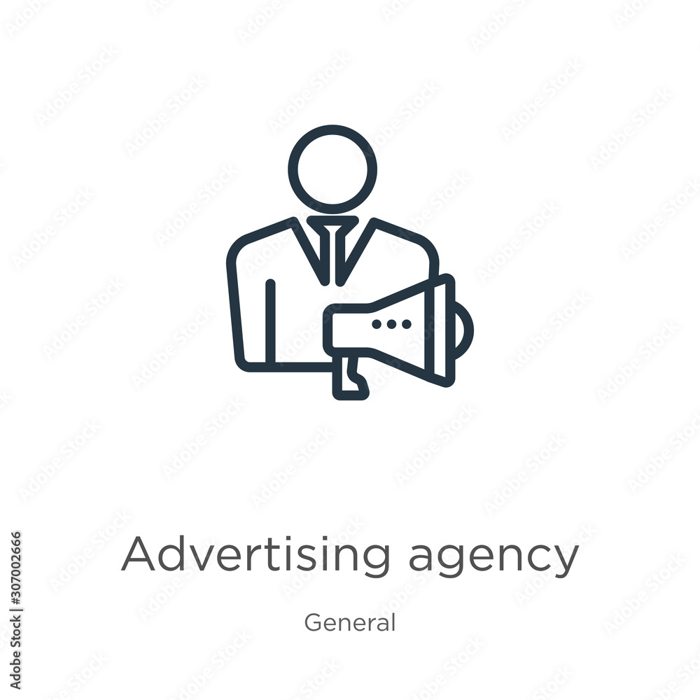 Advertising agency icon. Thin linear advertising agency outline icon isolated on white background from general collection. Line vector advertising agency sign, symbol for web and mobile Advertising agency icon. Thin linear advertising agency outline icon isolated on white background from general collection. Line vector advertising agency sign, symbol for web and mobile