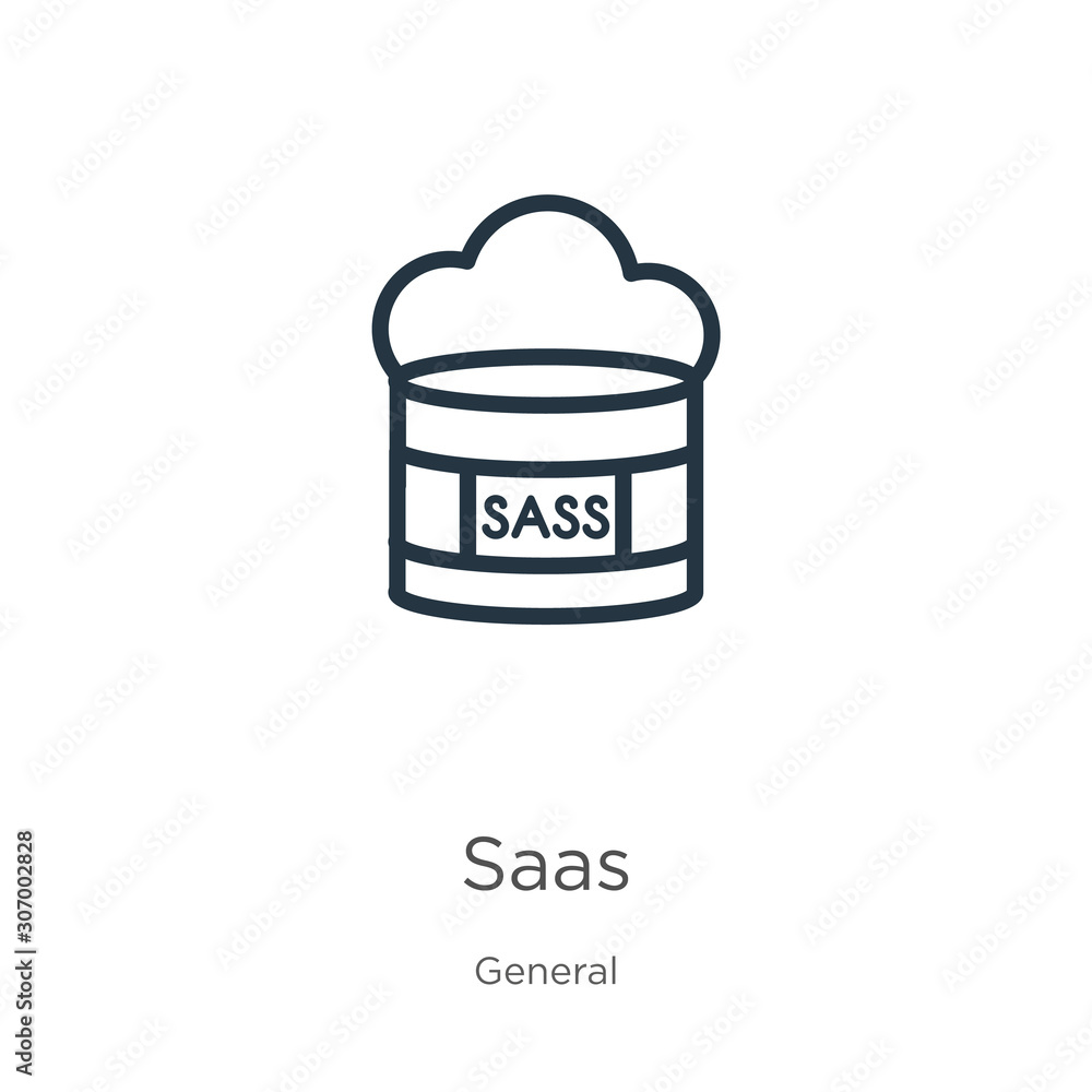Saas icon. Thin linear saas outline icon isolated on white background from general collection. Line vector saas sign, symbol for web and mobile Saas icon. Thin linear saas outline icon isolated on white background from general collection. Line vector saas sign, symbol for web and mobile