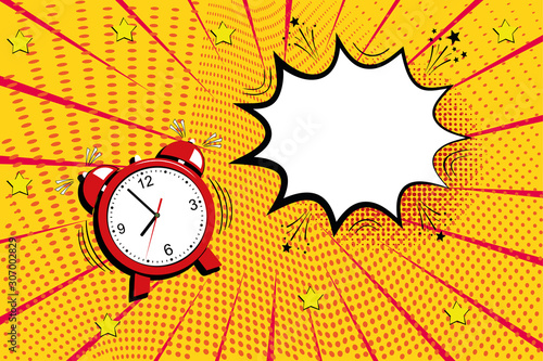 Red alarm clock in pop art style . Vector halftone retro comic texture. Yellow background superhero. Lightning blast halftone dots.