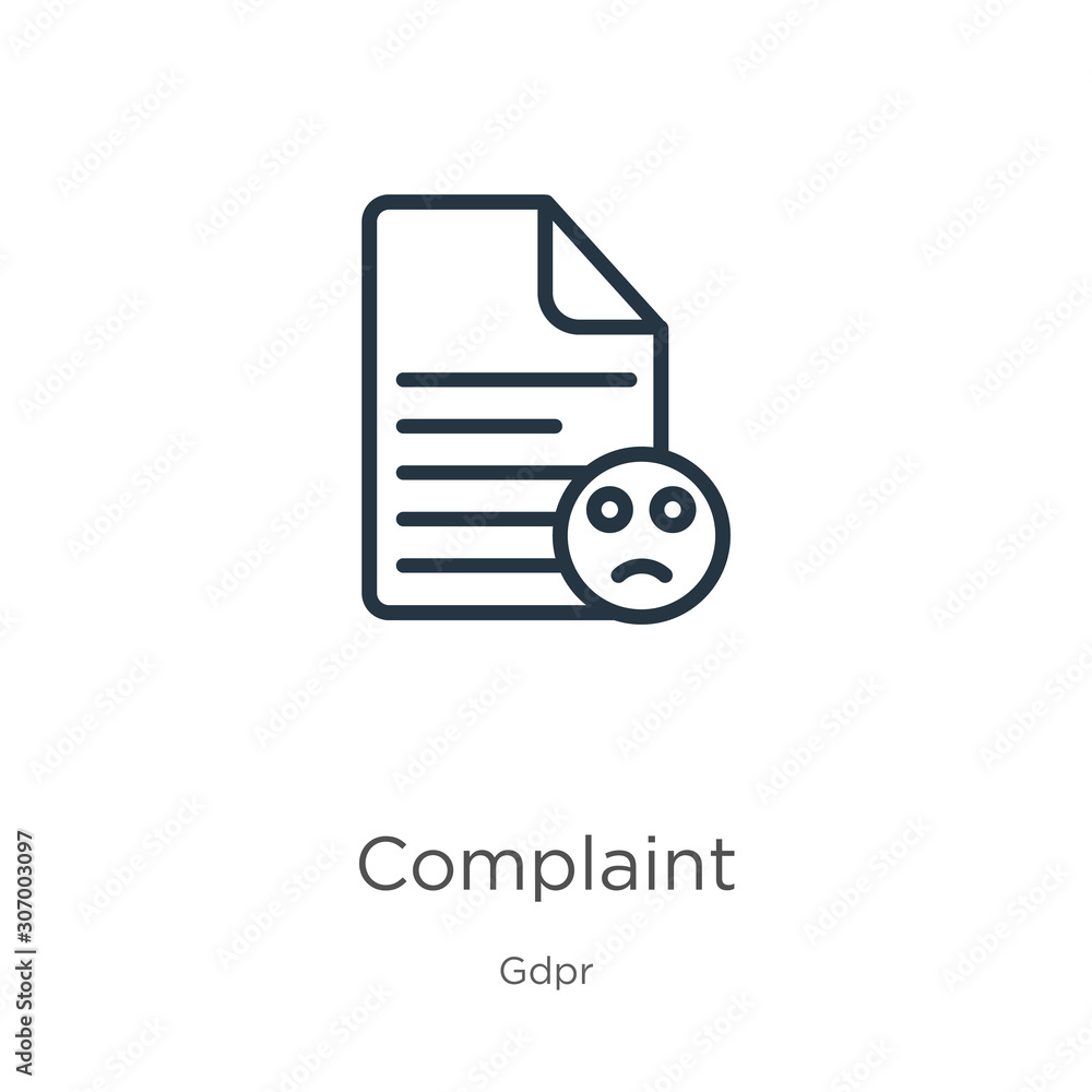 Complaint icon. Thin linear complaint outline icon isolated on white background from gdpr collection. Line vector complaint sign, symbol for web and mobile Complaint icon. Thin linear complaint outline icon isolated on white background from gdpr collection. Line vector complaint sign, symbol for web and mobile