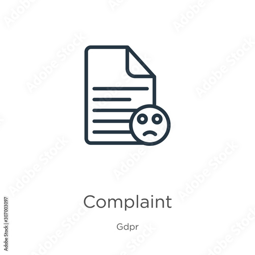 Complaint icon. Thin linear complaint outline icon isolated on white background from gdpr collection. Line vector complaint sign, symbol for web and mobile