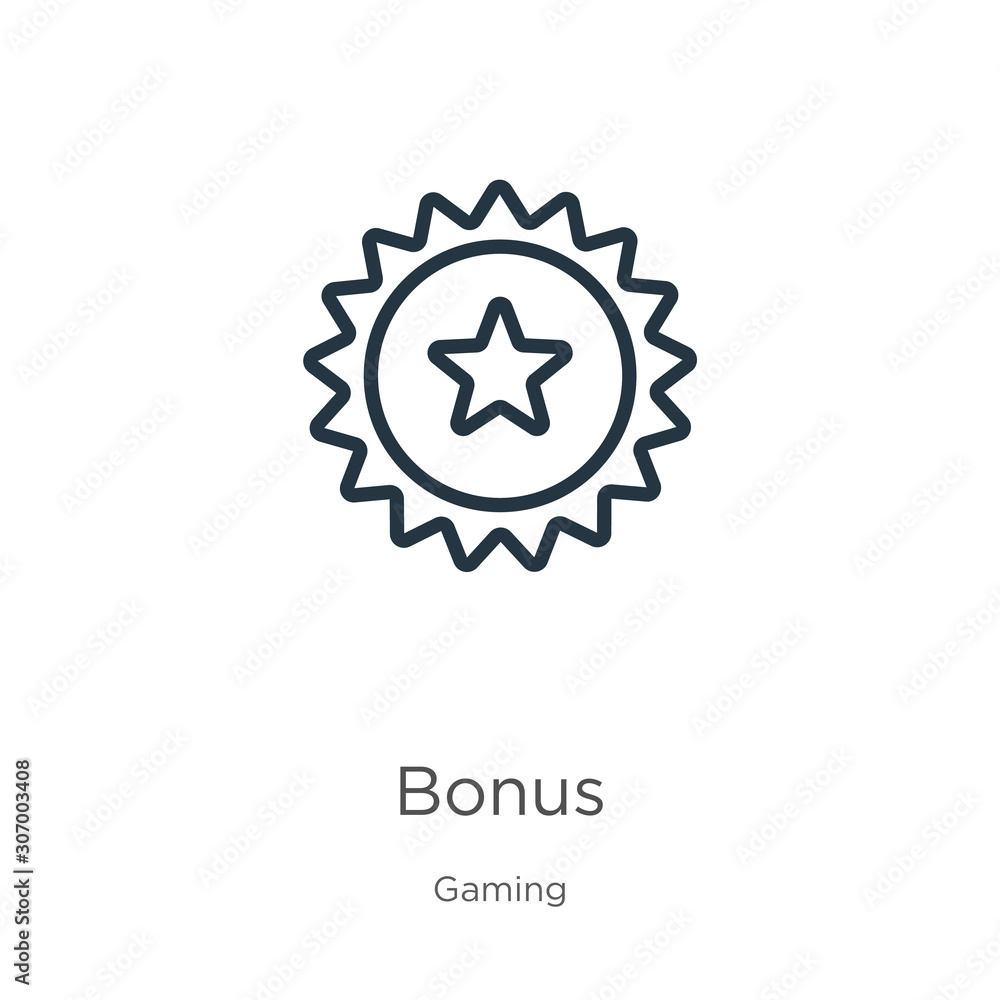 Bonus icon. Thin linear bonus outline icon isolated on white background from gaming collection. Line vector bonus sign, symbol for web and mobile